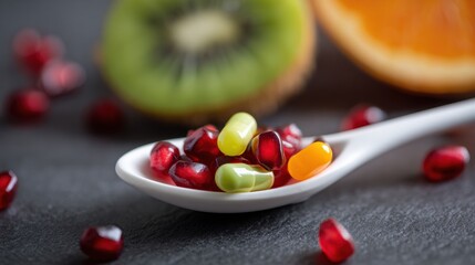 Fototapeta premium Vibrant assortment of dietary supplements displayed on spoon, featuring colorful capsules alongside fresh kiwi and orange slices, evoking sense of health and vitality