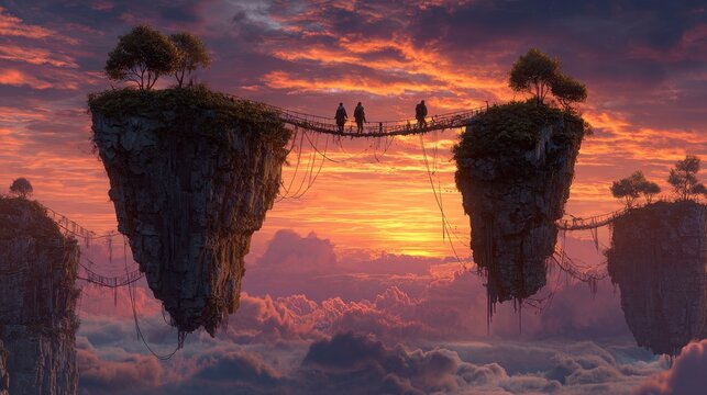 Fototapeta Floating Islands Connected by Rope Bridge at Sunset, Silhouetted Figures.