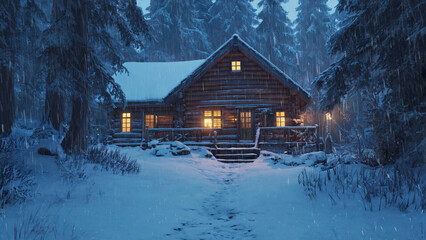 Cozy Log Cabin Glowing in Snowy Winter Forest Landscape at Dusk