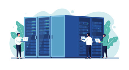 Data center workers managing server room with advanced technology in a modern flat style