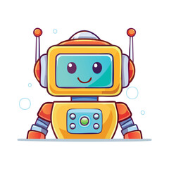 Naklejka premium Cartoon illustration of a friendly, yellow and orange robot with a smiling face on its screen, and antennae on its head.