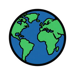 Stylized illustration of planet earth with continents in green and oceans in blue, symbolizing global connection and geography isolated on transparent background