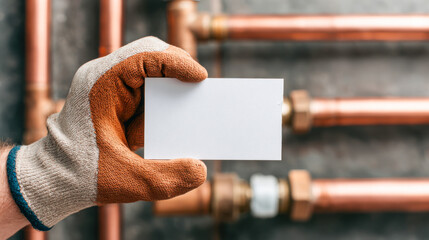 Business branding mockup featuring a hand holding a blank card in front of copper pipes