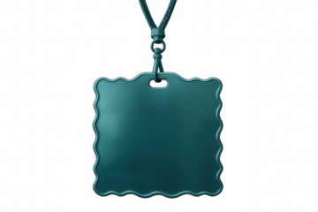 Blank teal green metallic name tag dangling, scalloped edges, transparent backdrop—ready for personalized text or graphic design