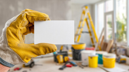 Business card mockup held in gloved hand amidst a busy repair workspace with tools and materials