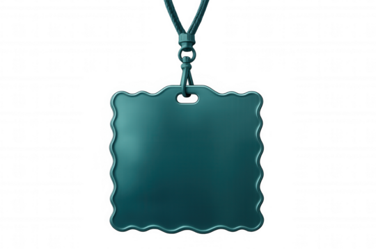 Blank teal green metallic name tag dangling, scalloped edges, transparent backdrop—ready for personalized text or graphic design