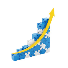 Fototapeta premium Puzzle Pieces Form a Growing Bar Chart with an Upward Arrow isolated on a white transparent background png file download. 