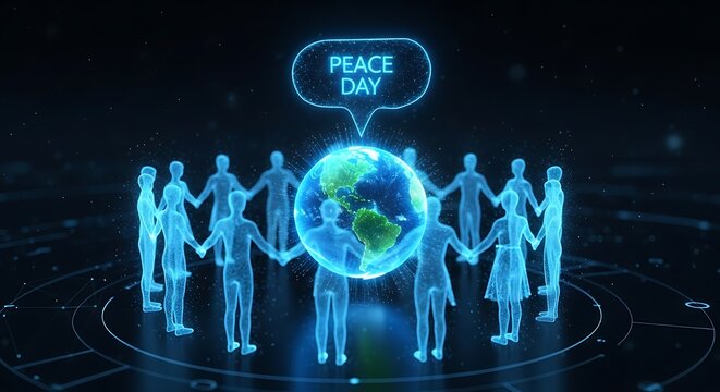 Celebrating international peace day with people holding hands around the earth