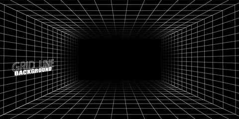 Empty futuristic digital box room grey-black background with white grid space line color surface. Network cyber technology. banner, cover, terrain, sci-fi, wireframe, and related to background. © Alfin