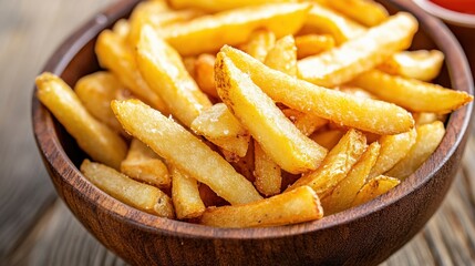 Delicious Golden French Fries in Wooden Bowl Perfect for Sharing and Enjoying with Dipping Sauce on Wooden Table Background for Food Photography