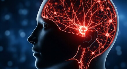 Human head silhouette with glowing red neural network representing brain activity and thought processes in a digital context.