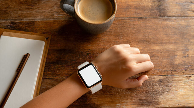 Woman's hand resting on a table with a cup of coffee and a smartwatch at a cozy cafe setting - Powered by Adobe