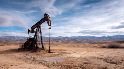 Pumpjack operating in a dry desert landscape
