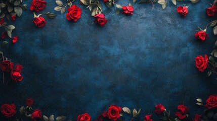 Elegant arrangement of red roses on a deep blue background, creating a romantic and charming atmosphere perfect for celebrations, invitations, and artistic projects