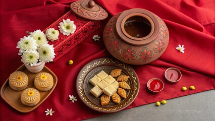 Karwa Chauth Pooja Items on Red Fabric Background