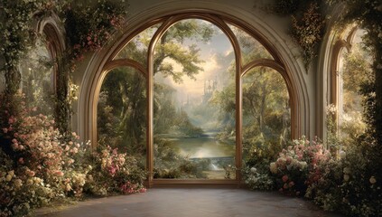 Elegant arched window framing a fantastical, idyllic landscape of flourishing nature