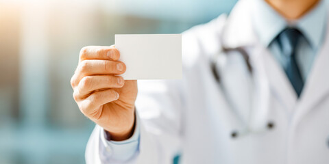 Medical professional holds blank card in modern healthcare setting during consultation