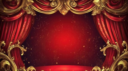 Elegant Red Theater Curtain with Gold Decorative Elements and a Dramatic Framework for Stage Productions and Performances