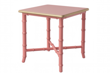 Pink side table with bamboo style legs and golden details, isolated on transparent background, ideal for interior design projects