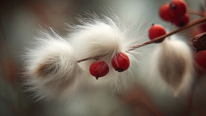 Close-up captures delicate seed pods with fuzzy, white plumes and bright red berries