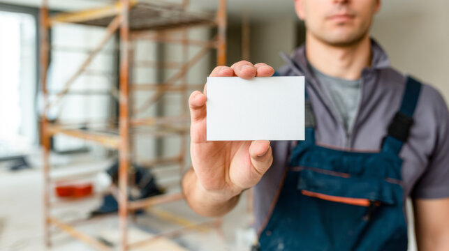 Mockup for repair services with a contractor holding a card in a construction site - Powered by Adobe
