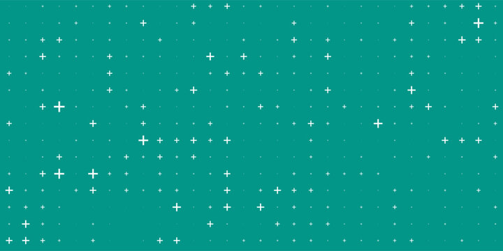 Seamless background pattern of evenly spaced white plus symbols of different sizes and opacity. illustration on teal background with stars