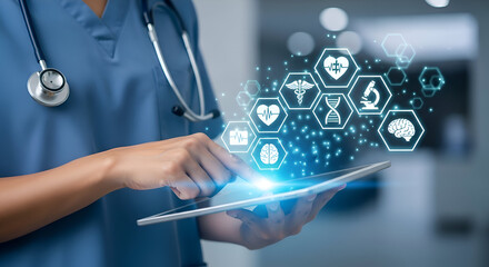 Doctor Using Tablet with Medical Icons Healthcare Technology and Digital Innovation.
