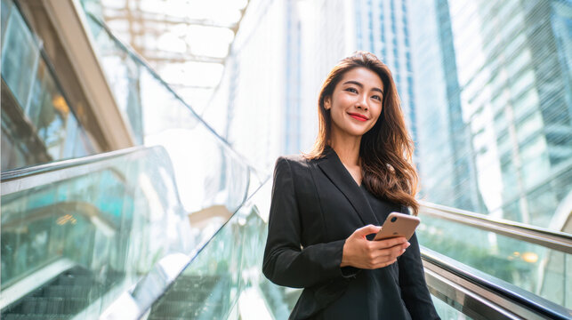 Urban businesswoman smiles while using smartphone on escalator in modern city setting - Powered by Adobe