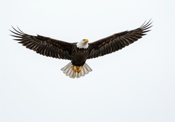 Fototapeta premium Bald Eagle in Flight with Wide Wingspan Soaring Against Cloudy Sky