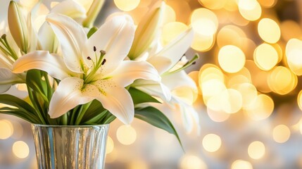 Elegant White Lilies in a Silver Vase with Soft Bokeh Background Creating a Warm and Inviting Atmosphere for Floral Arrangements