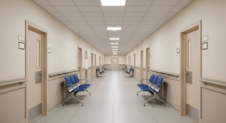 Empty Hospital Corridor with Blue Chairs and Bright Overhead Lighting.
