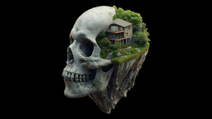 Mysterious House in Skull Island &ndash; Fantasy Landscape with Ocean Cliff
