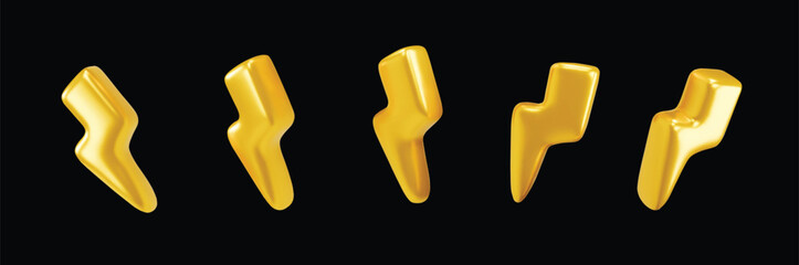 3d set golden charger symbol. with rotation Symbol of energy, danger. Minimalistic electrical discharge, thunder sign. Stock vector illustration on black background.