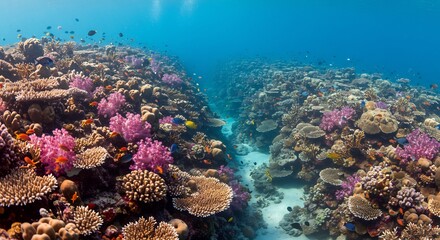 Fototapeta premium 透き通る海中 美しいサンゴ礁 鮮やか色彩 魚群泳ぐ (Sukitooru kaichu utsukushii sangosho azayaka shikisai gyogun oyogu) Translation: Transparent ocean beautiful coral reef vivid colors fish school swimming. AI Generated