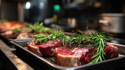 Gourmet beef steak preparation featuring fresh rosemary herbs in a modern kitchen for delicious culinary dishes and organic grilling experiences