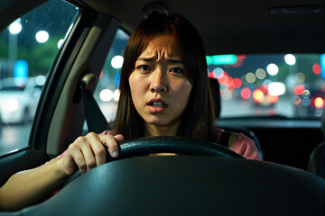 Stressed or scared young woman grips the steering wheel while driving through heavy city traffic at night, illuminated by the lights of other cars