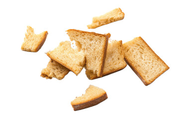 Broken bread rusks with crumbs on white background,png