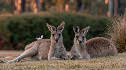Fototapeta premium Two kangaroos resting together a bird perched on one