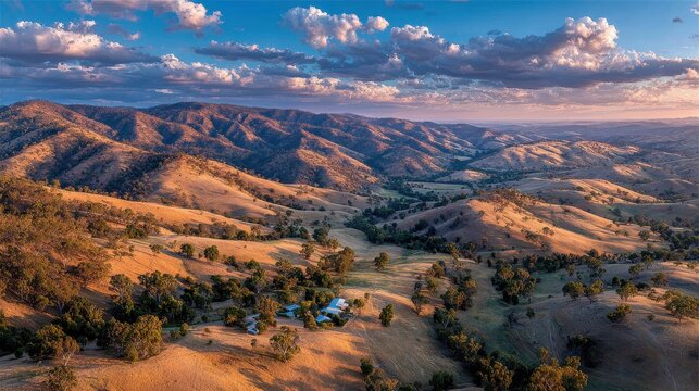 Stunning Sunset Aerial View Rural Home Rolling Hills Landscape
