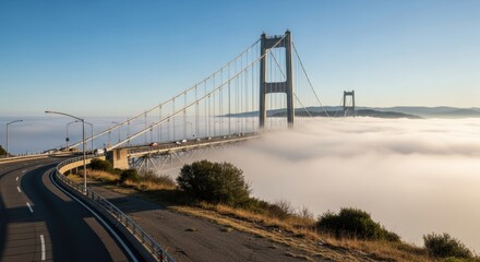 Golden gate bridge shrouded in morning fog with clear blue sky
