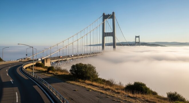 Golden gate bridge shrouded in morning fog with clear blue sky