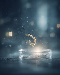 A small, light-colored worm-like organism in a petri dish on a dark surface.