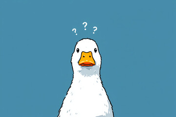 confused white duck with question marks above head on blue background, thoughtful bird expression, isolated cartoon animal illustration