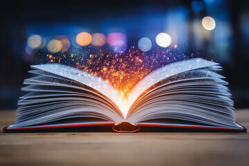 An open book with glowing pages, symbolizing knowledge and creativity in a dreamy atmosphere filled with soft light.