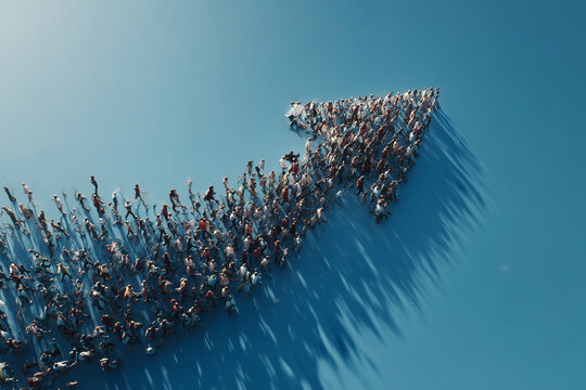 Crowd of people forming arrow shape on blue background, symbolizing teamwork, direction, and progress in unity.