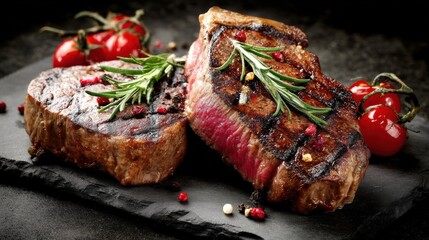 Gourmet grilled steak on a black plate with fresh rosemary and tomatoes showcasing delicious meat for culinary dinner and restaurant presentation