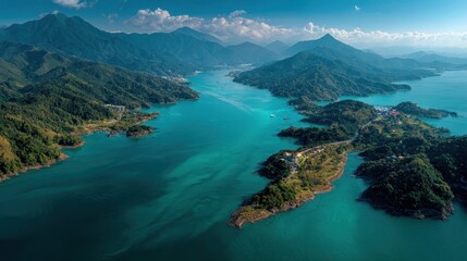 Aerial view of Sun Moon Lake Taiwan stunning turquoise water mountains and lush greenery