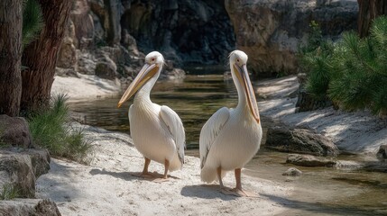 Two Great White Pelicans on Sandy Shore near Water