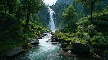 Obraz premium Majestic Waterfall Cascading Through Lush Green Forest