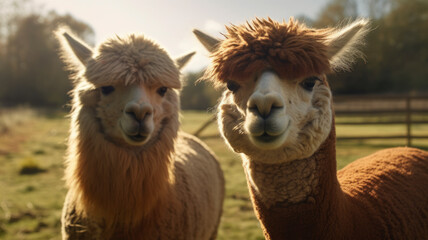 Obraz premium Close-up of two adorable alpacas with fluffy fur and expressive faces